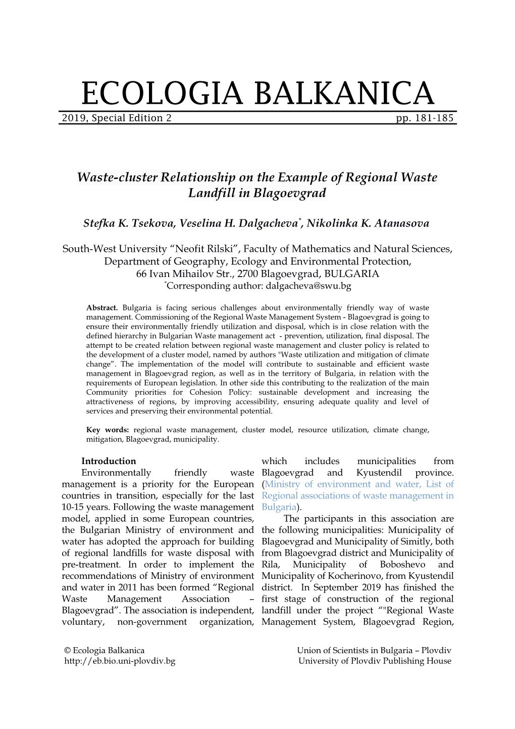 Waste-Cluster Relationship on the Example of Regional Waste Landfill in Blagoevgrad