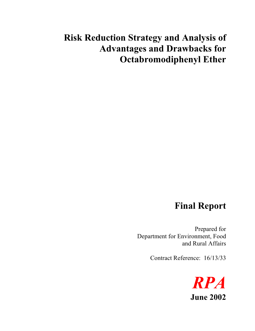 Octabromodiphenyl Ether Risk Reduction Strategy