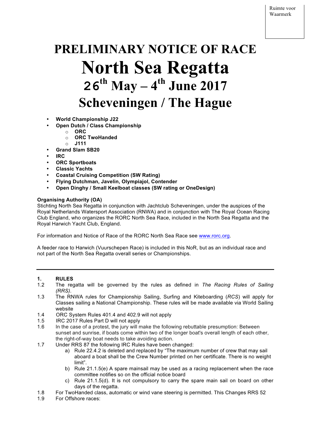 North Sea Regatta 26Th May – 4Th June 2017 Scheveningen / the Hague