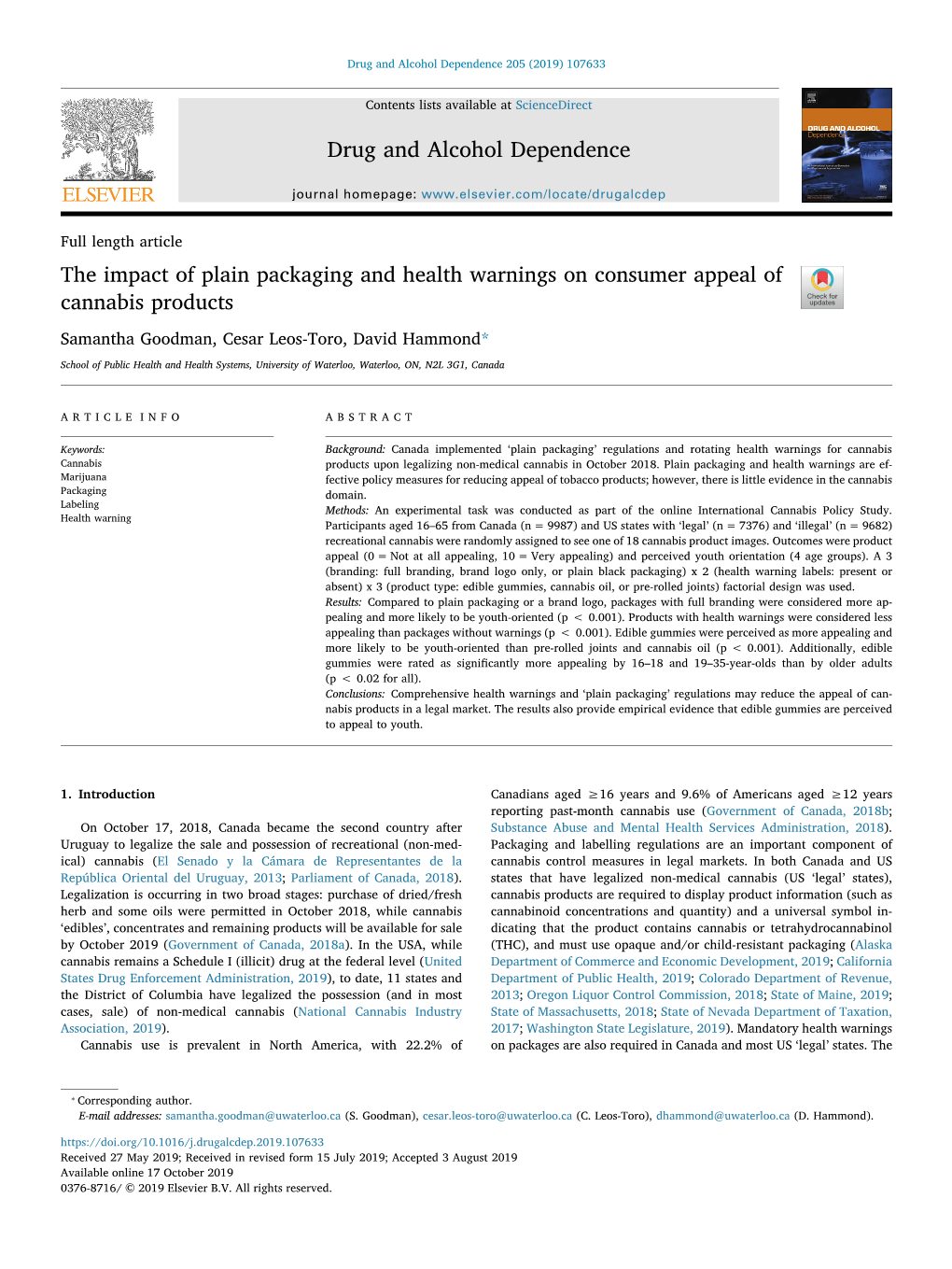 The Impact of Plain Packaging and Health Warnings on Consumer Appeal of Cannabis Products T