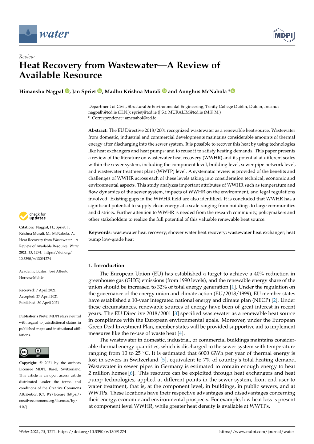 Heat Recovery from Wastewater—A Review of Available Resource