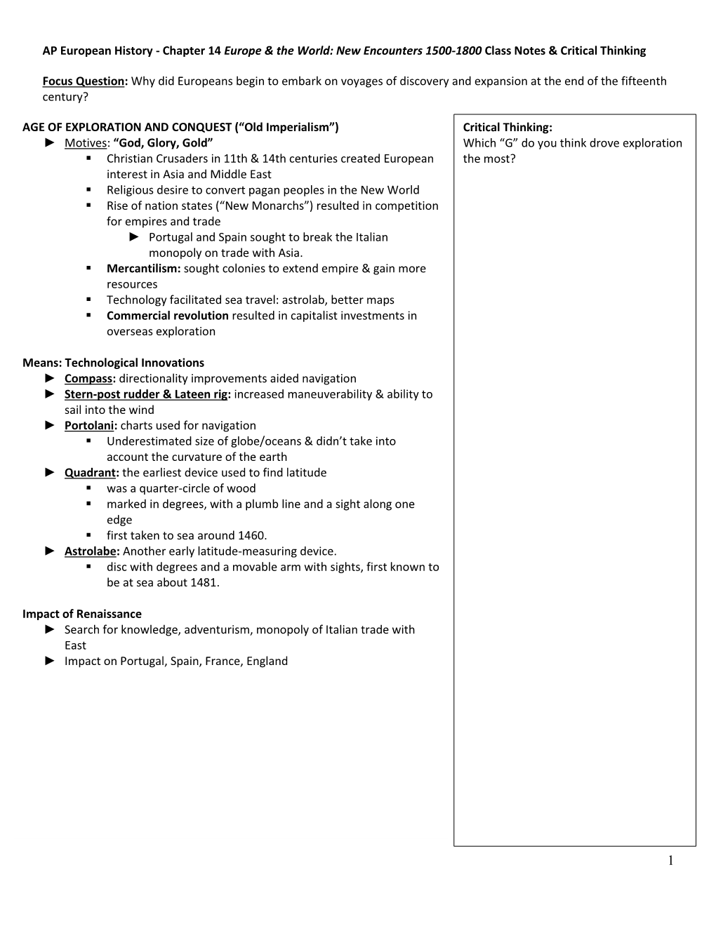 AP European History - Chapter 14 Europe & the World: New Encounters 1500-1800 Class Notes & Critical Thinking