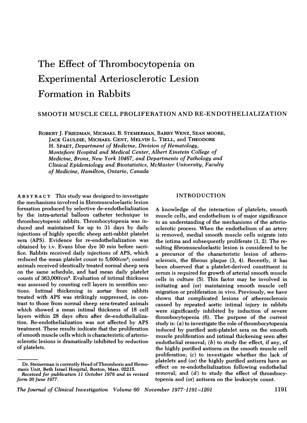 The Effect of Thrombocytopenia on Experimental Arteriosclerotic Lesion Formation in Rabbits