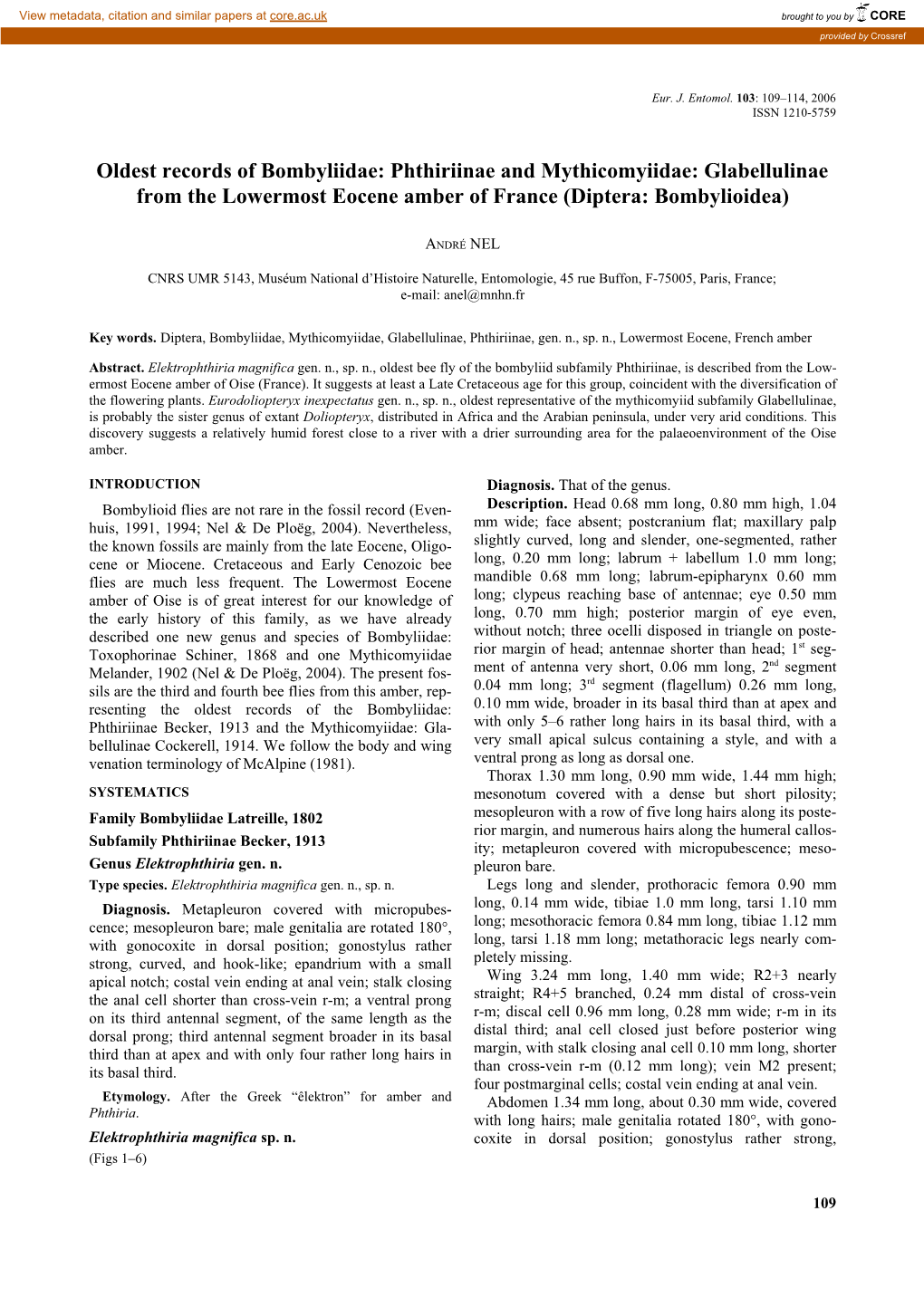 Oldest Records of Bombyliidae: Phthiriinae and Mythicomyiidae: Glabellulinae from the Lowermost Eocene Amber of France (Diptera: Bombylioidea)