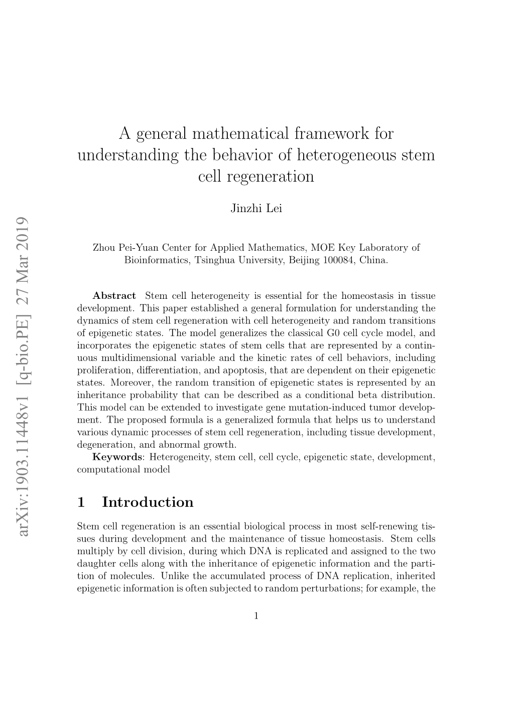 A General Mathematical Framework for Understanding the Behavior of Heterogeneous Stem Cell Regeneration Arxiv:1903.11448V1 [Q-B