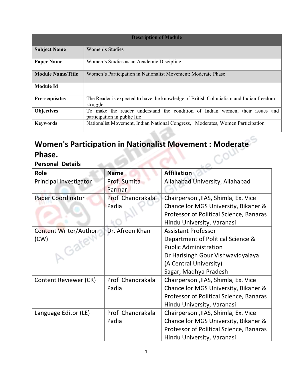 Women's Participation in Nationalist Movement : Moderate Phase. Personal Details Role Name Affiliation Principal Investigator Prof