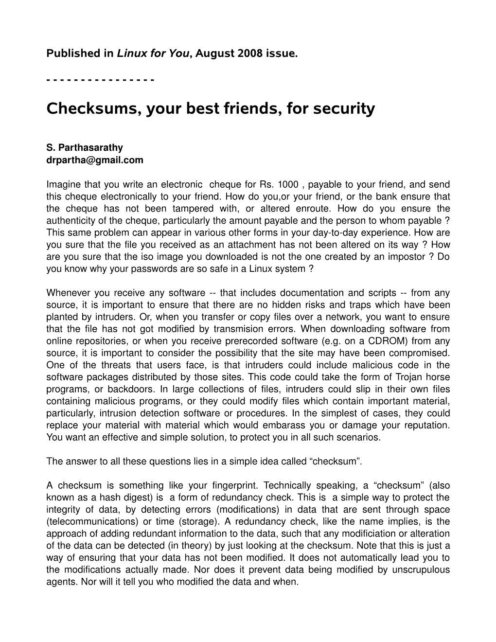 Checksums, Your Best Friends, for Security