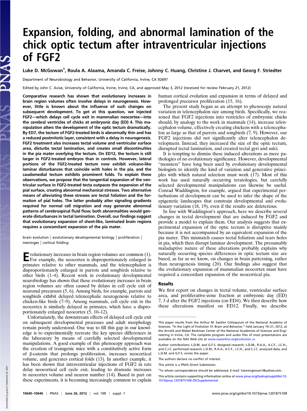 Expansion, Folding, and Abnormal Lamination of the Chick Optic Tectum After Intraventricular Injections of FGF2