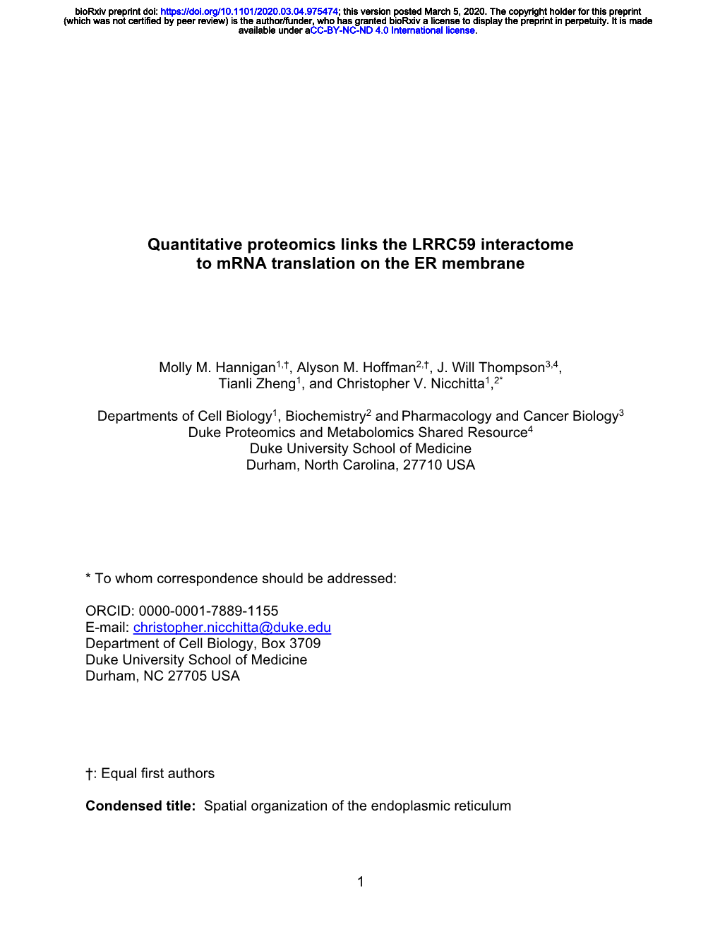 Quantitative Proteomics Links the LRRC59 Interactome to Mrna Translation on the ER Membrane