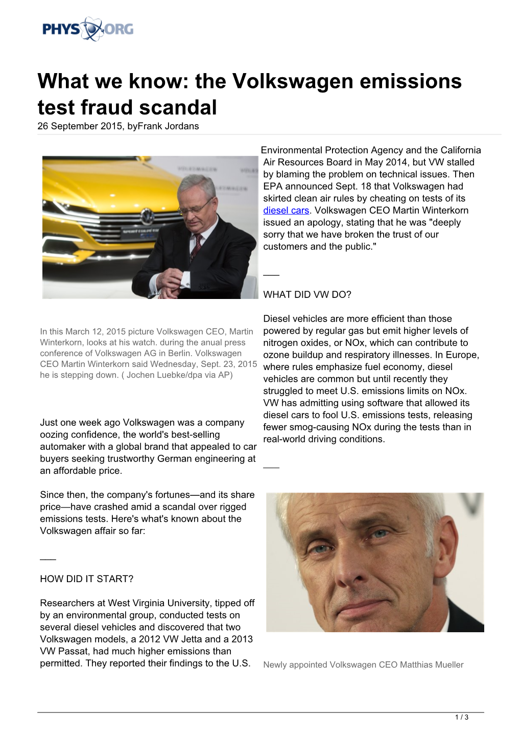 What We Know: the Volkswagen Emissions Test Fraud Scandal 26 September 2015, Byfrank Jordans