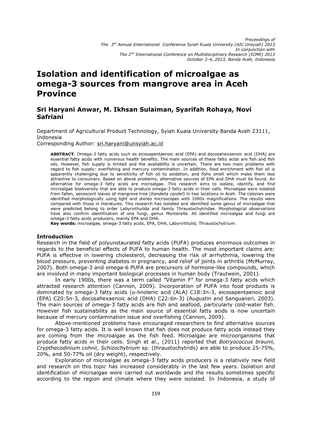Isolation and Identification of Microalgae As Omega-3 Sources from Mangrove Area in Aceh Province
