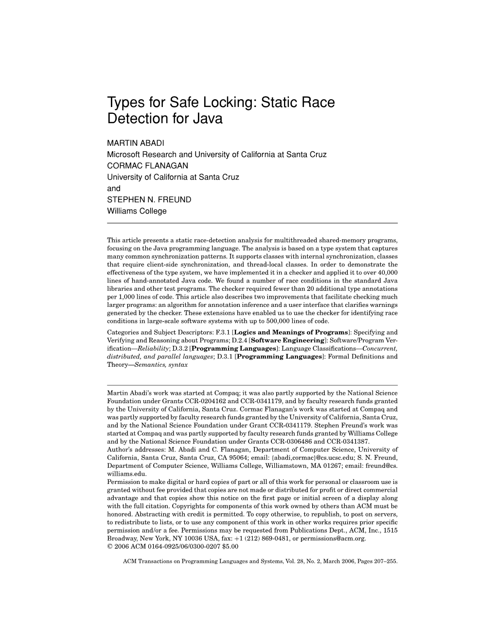 Types for Safe Locking: Static Race Detection for Java