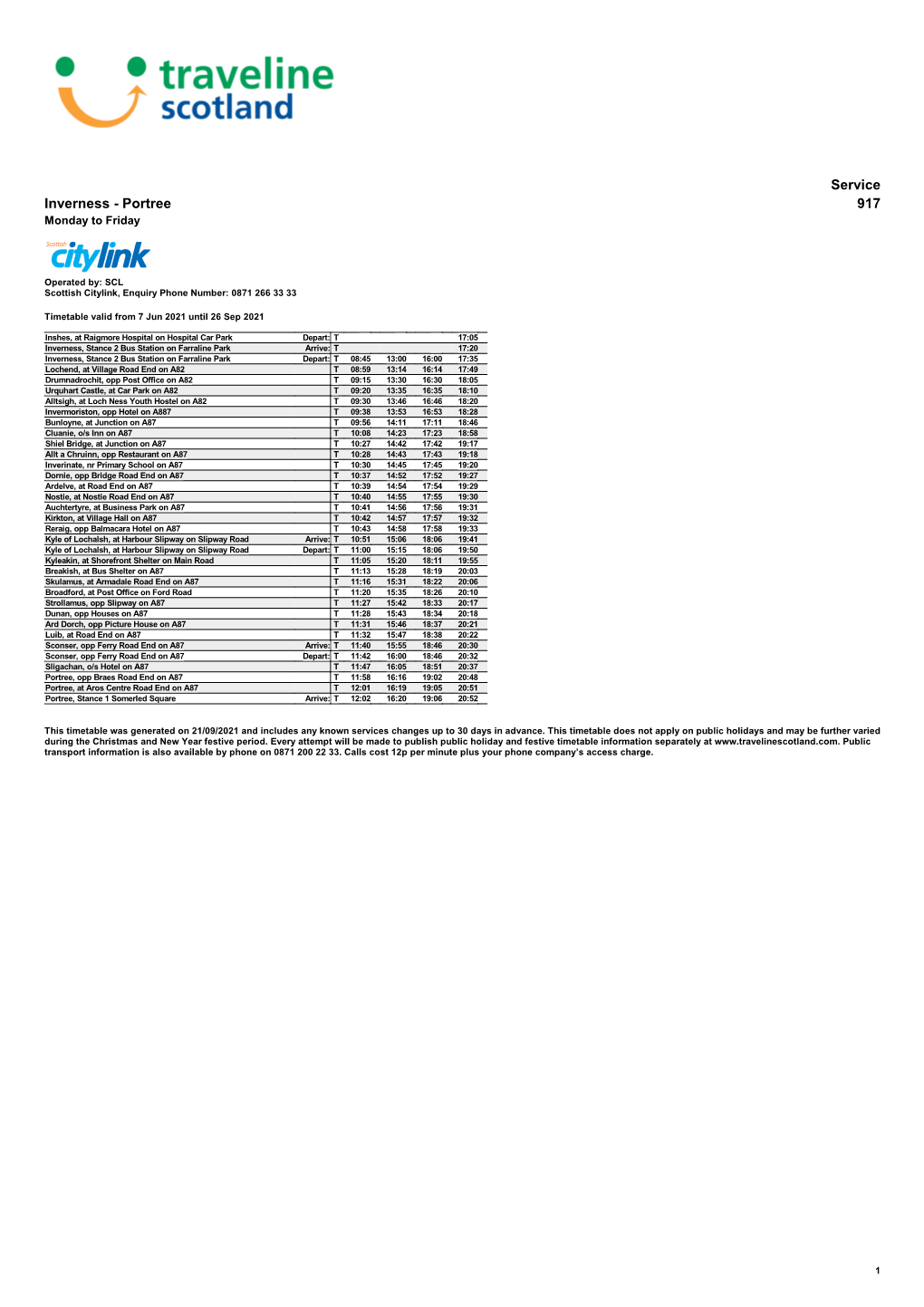 Service Inverness - Portree 917 Monday to Friday