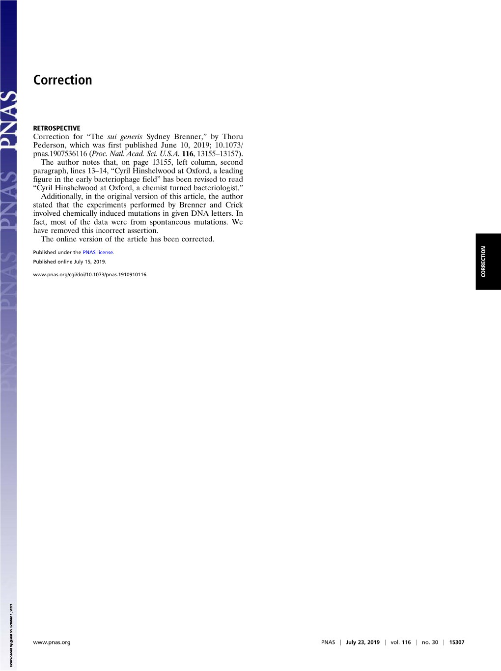 The Sui Generis Sydney Brenner,” by Thoru Pederson, Which Was First Published June 10, 2019; 10.1073/ Pnas.1907536116 (Proc