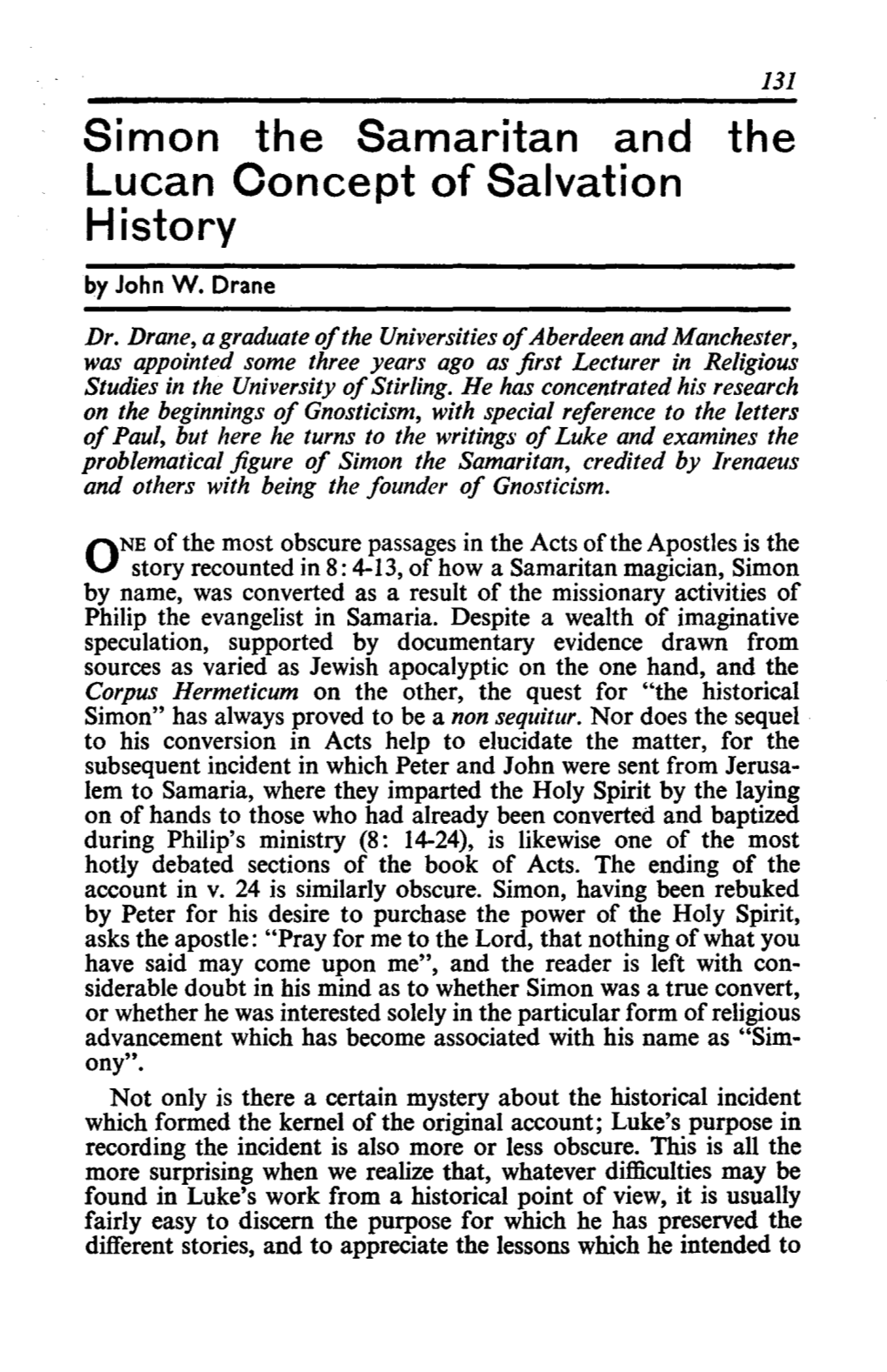 Simon the Samaritan and the Lucan Concept of Salvation History by John W