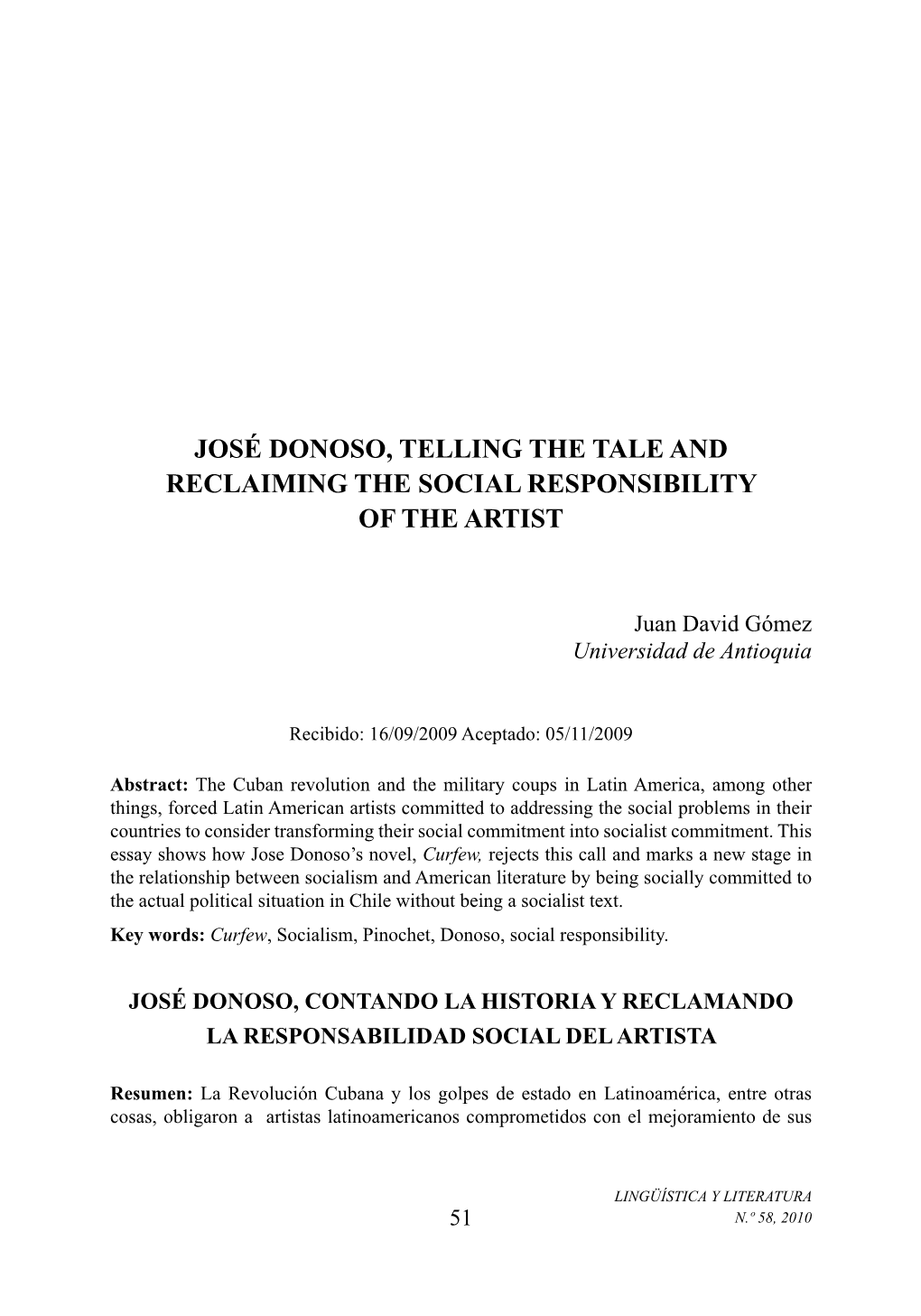 José Donoso, Telling the Tale and Reclaiming the Social Responsibility of the Artist