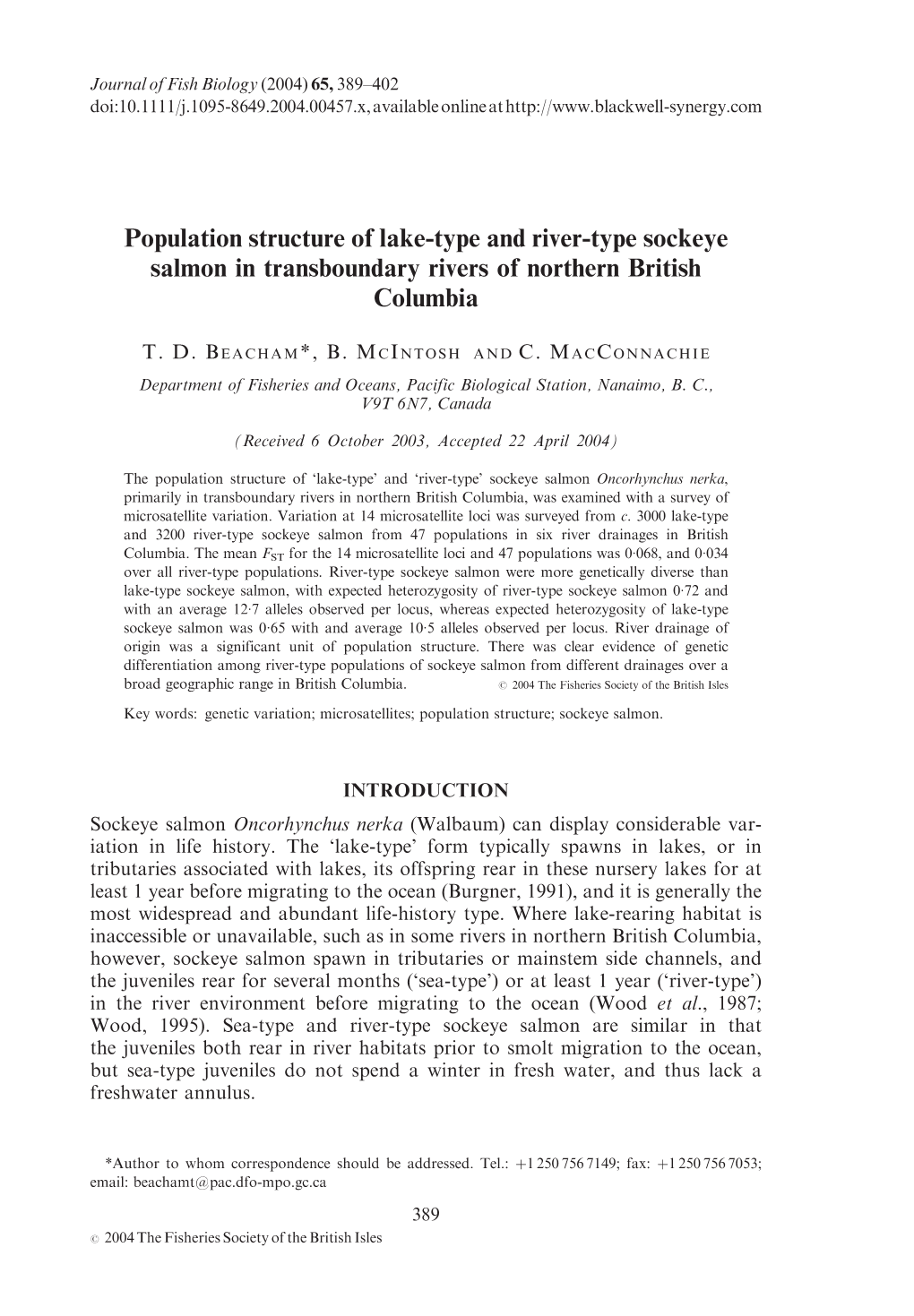 Population Structure of Lake-Type and River-Type Sockeye Salmon in Transboundary Rivers of Northern British Columbia