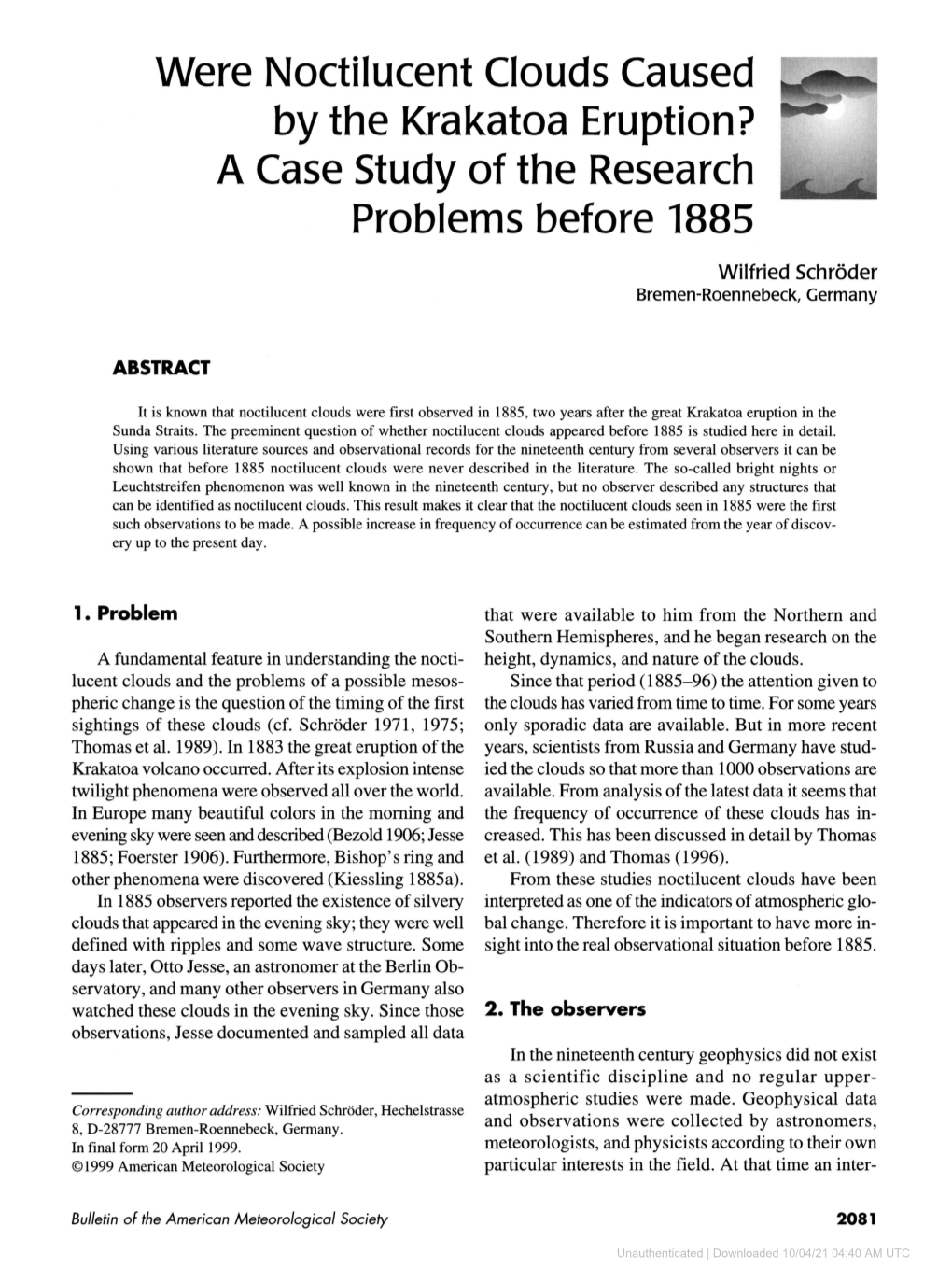 Were Noctilucent Clouds Caused by the Krakatoa Eruption? a Case Study of the Research ^ ^ Problems Before 1885