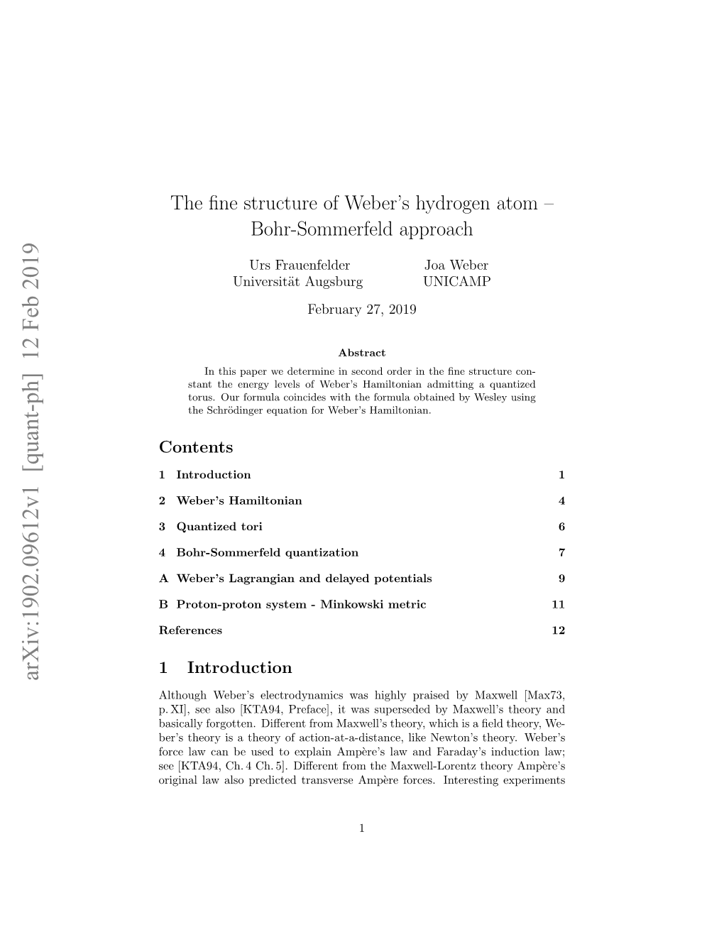 The Fine Structure of Weber's Hydrogen Atom – Bohr-Sommerfeld Approach