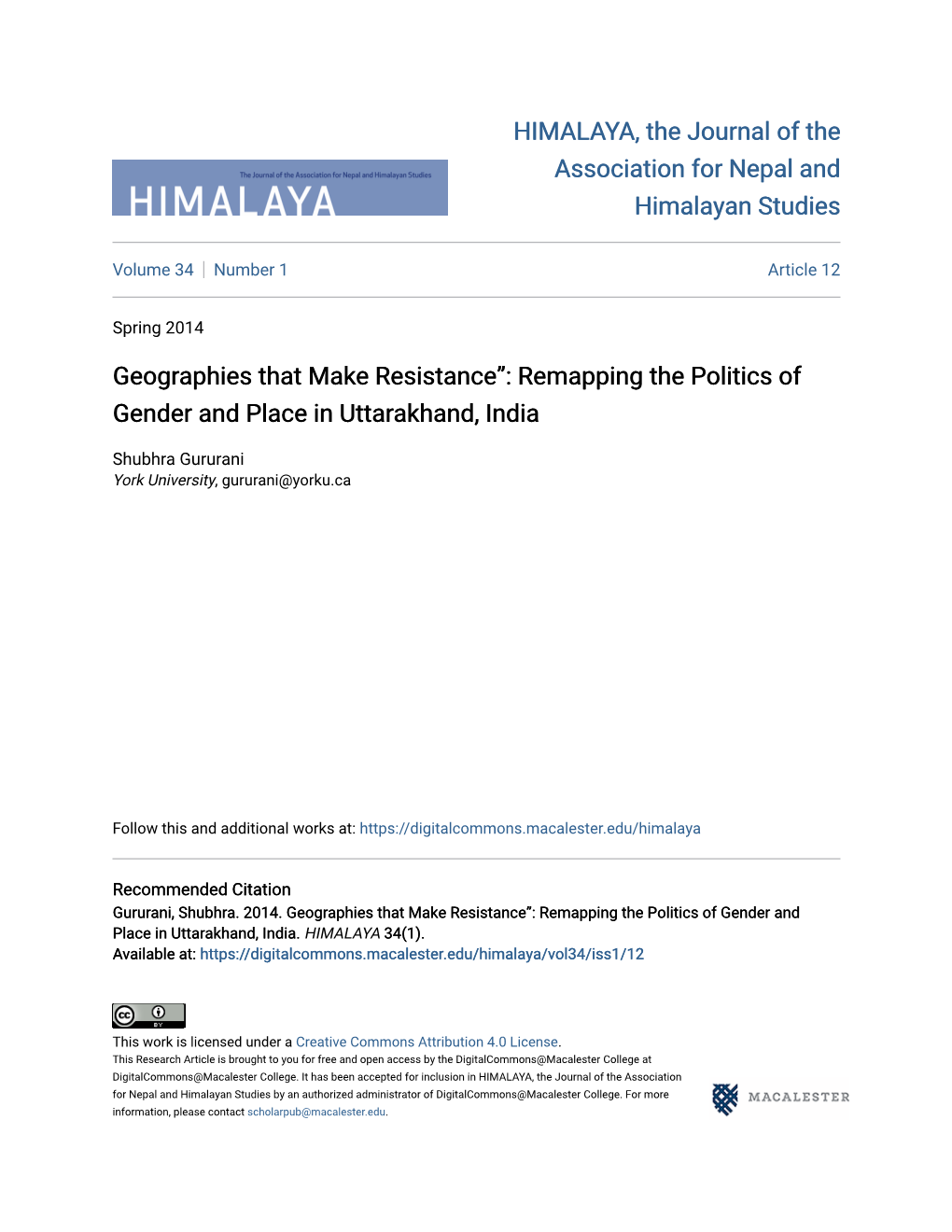 Geographies That Make Resistance”: Remapping the Politics of Gender and Place in Uttarakhand, India