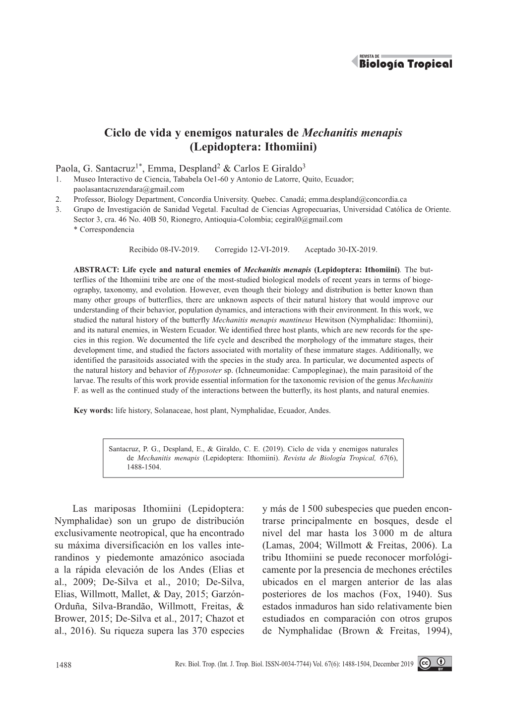 Ciclo De Vida Y Enemigos Naturales De Mechanitis Menapis (Lepidoptera: Ithomiini)