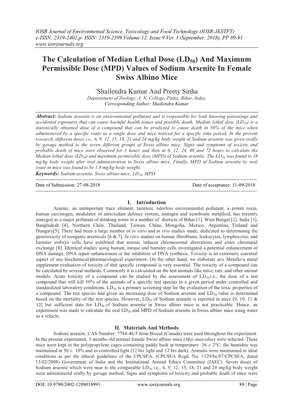 The Calculation of Median Lethal Dose (LD50) and Maximum Permissible Dose (MPD) Values of Sodium Arsenite in Female Swiss Albino Mice