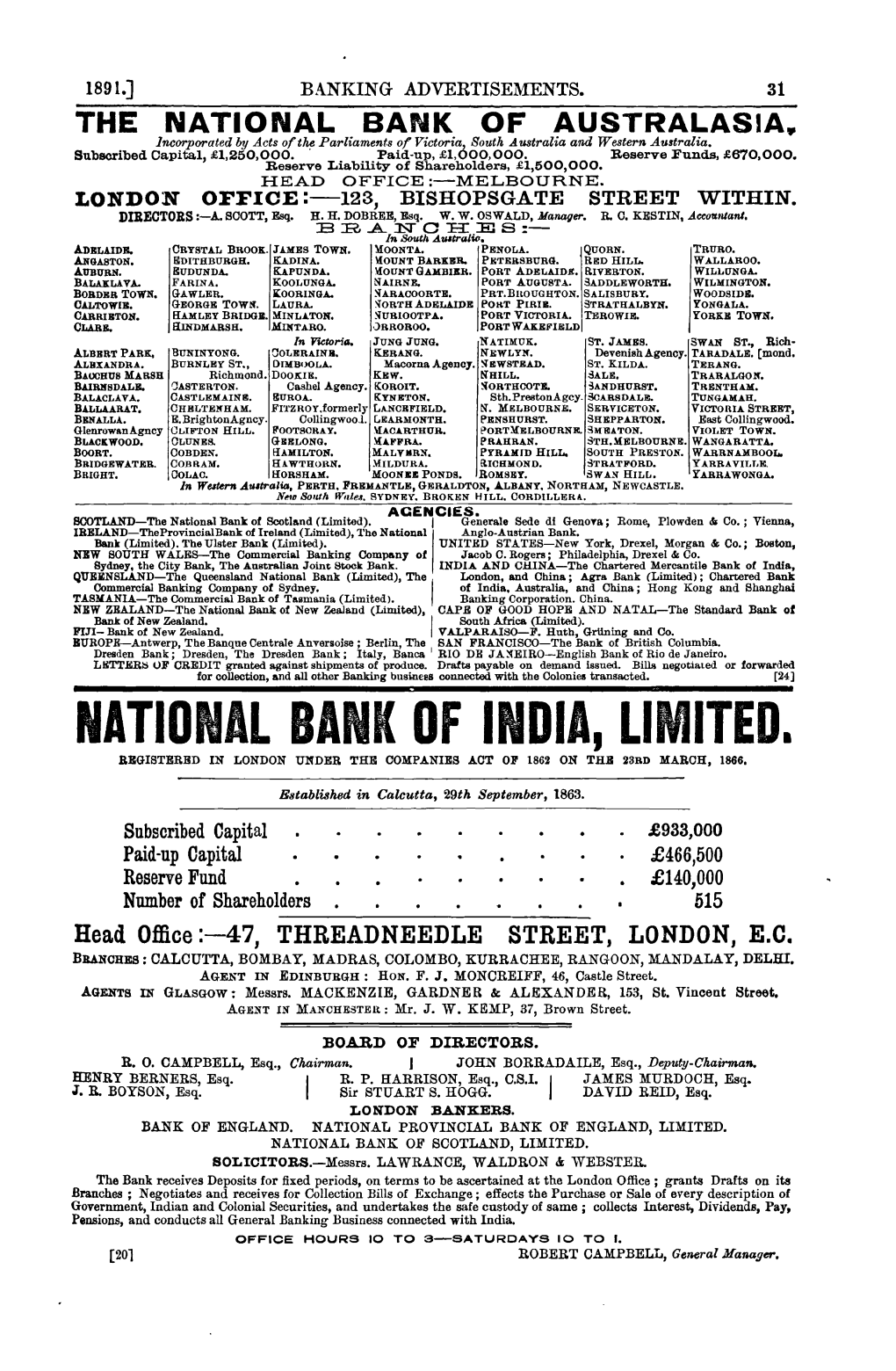 THE NATIONAL BANK of AUSTRALASIA. Incorporated by Acts Oft~ Parliaments of Victoria, South Australia and Western Australia