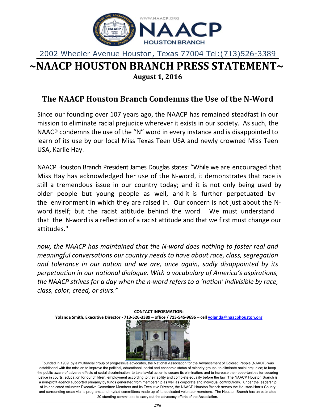 NAACP HOUSTON BRANCH PRESS STATEMENT~ August 1, 2016