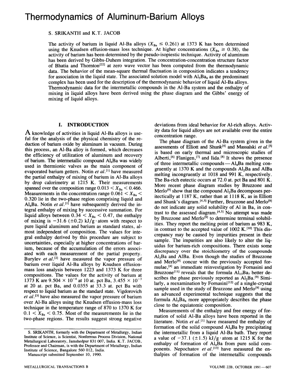 Thermodynamics of Aluminum-Barium Alloys