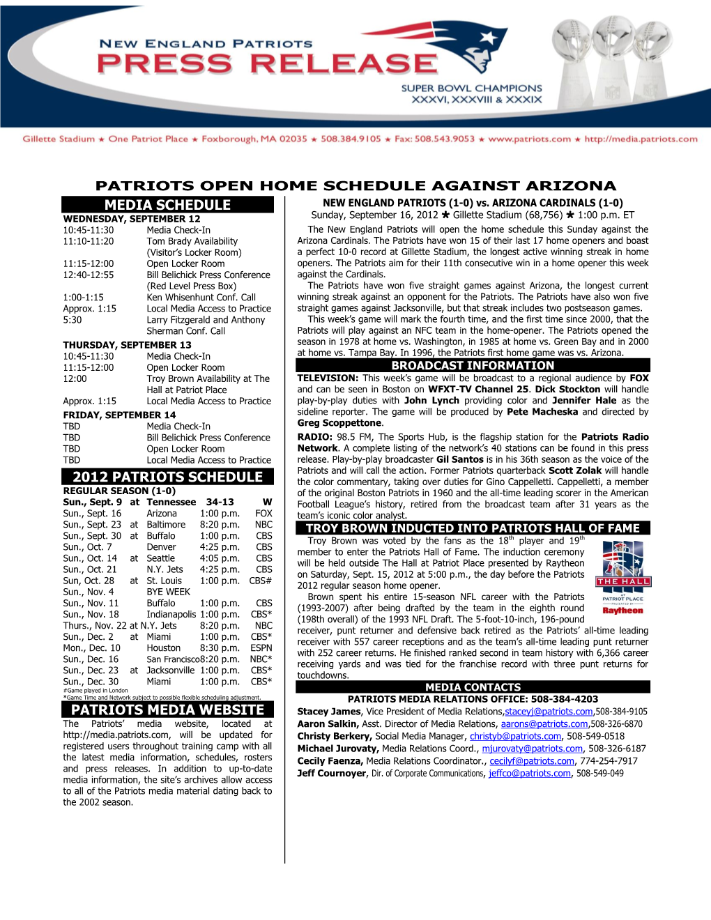 Media Schedule 2012 Patriots Schedule Patriots