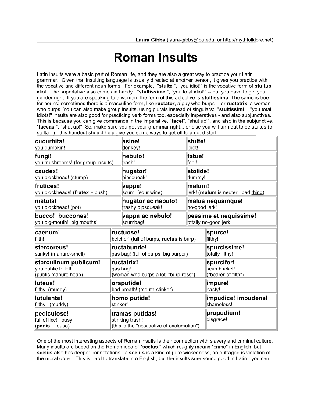 Insults Handout for Classics Day 1999