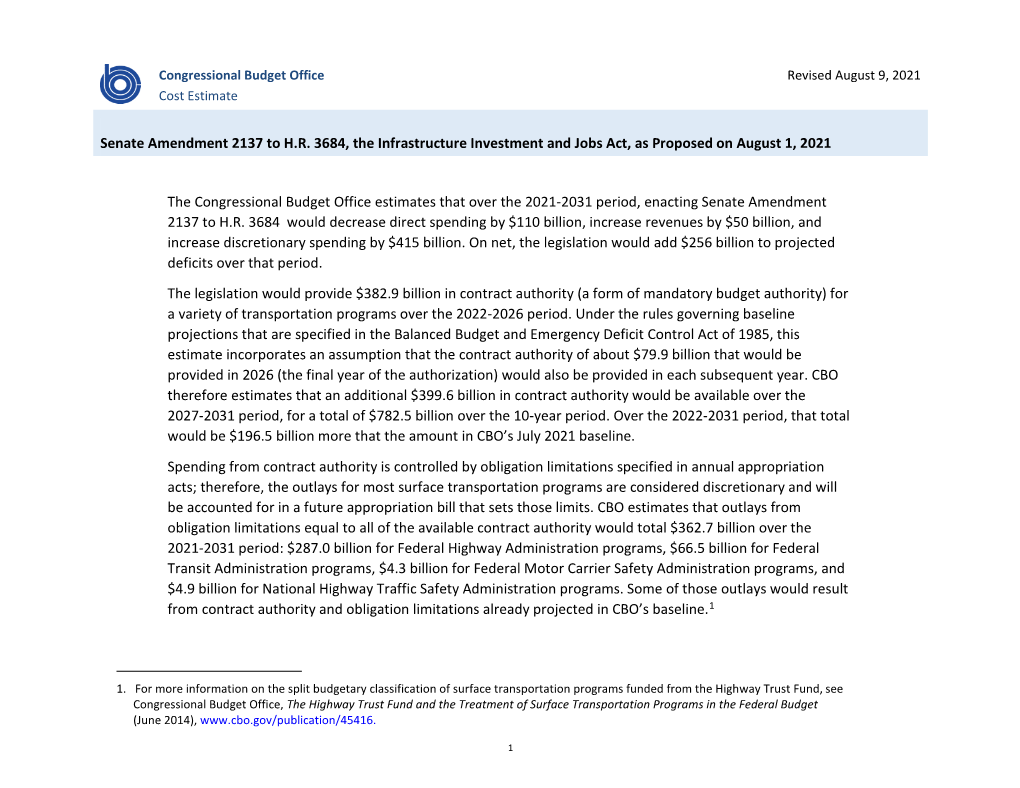 Senate Amendment 2137 to H.R. 3684, the Infrastructure Investment and Jobs Act, As Proposed on August 1, 2021