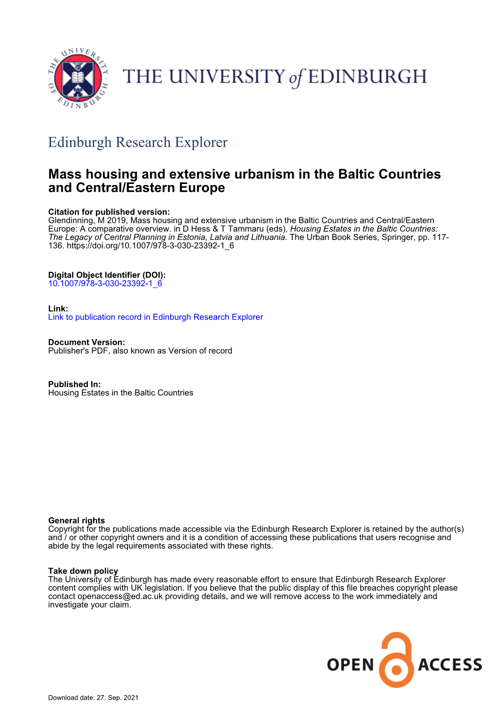 Mass Housing and Extensive Urbanism in the Baltic Countries and Central/Eastern Europe