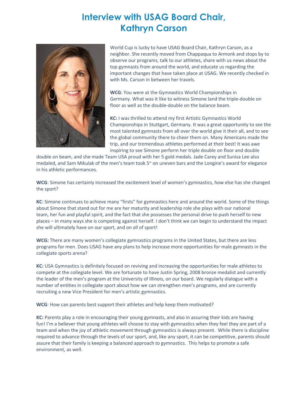 Interview with USAG Board Chair, Kathryn Carson