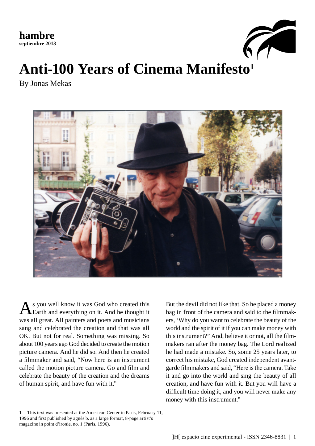 Anti-100 Years of Cinema Manifesto1 by Jonas Mekas