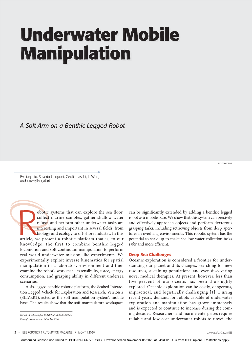 Underwater Mobile Manipulation: a Soft Arm on a Benthic Legged Robot