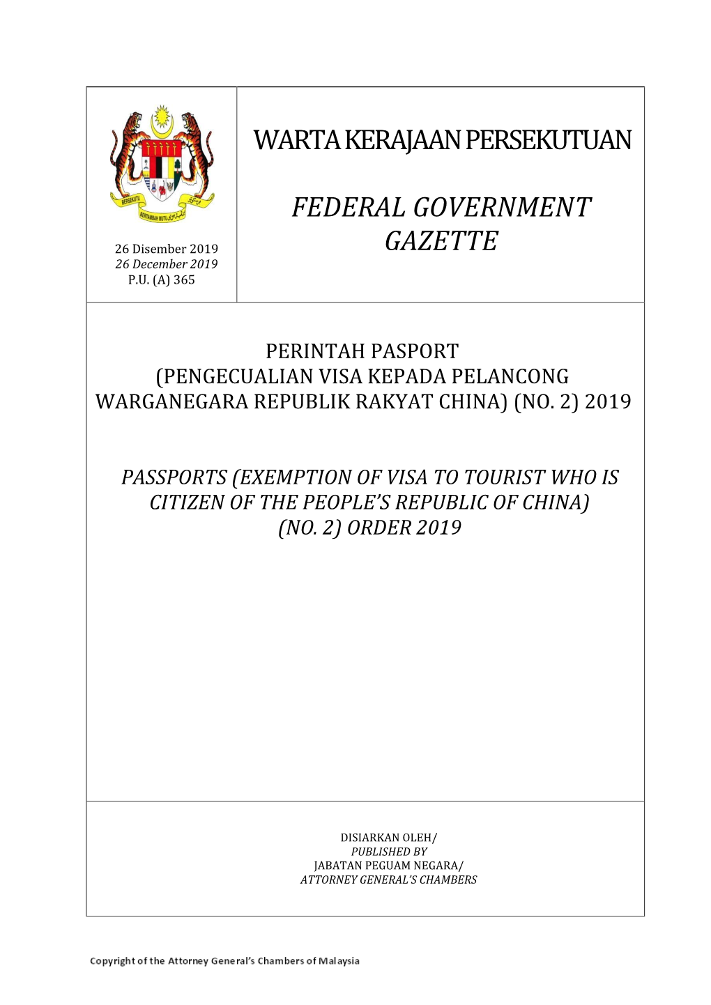 Warta Kerajaan Persekutuan Federal Government Gazette