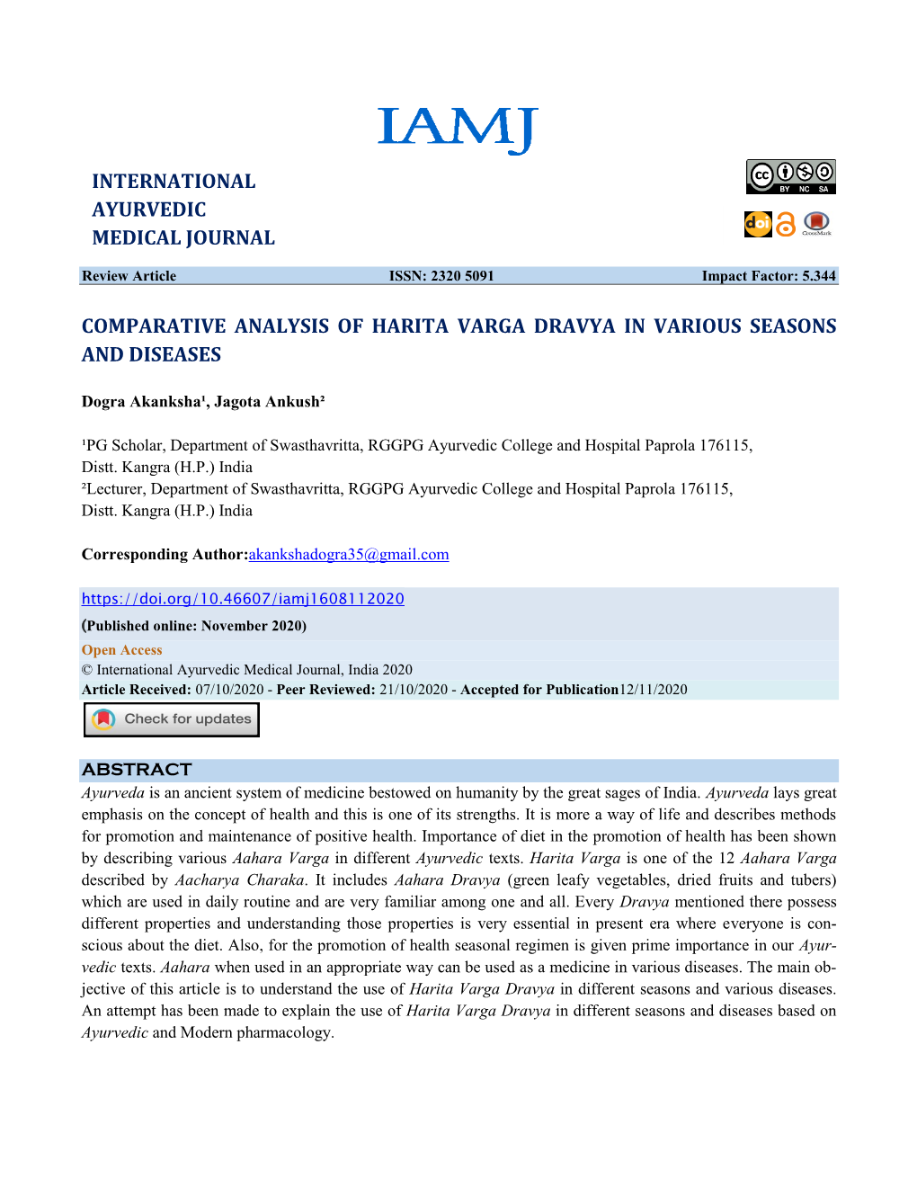 Comparative Analysis of Harita Varga Dravya in Various Seasons and Diseases