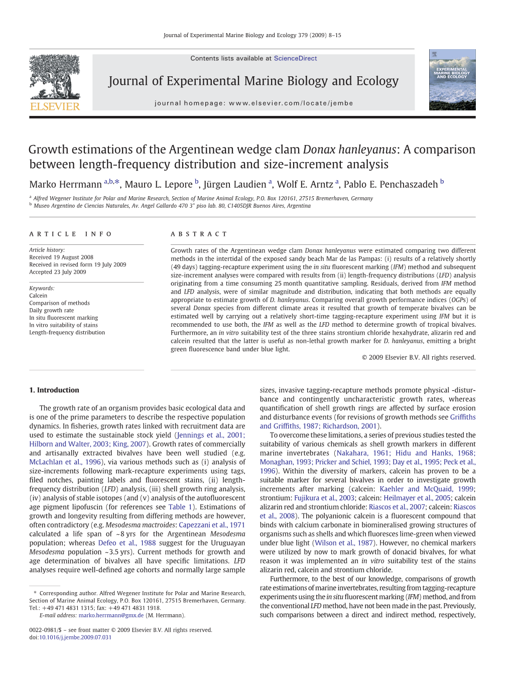 Growth Estimations of the Argentinean Wedge Clam Donax Hanleyanus: a Comparison Between Length-Frequency Distribution and Size-Increment Analysis