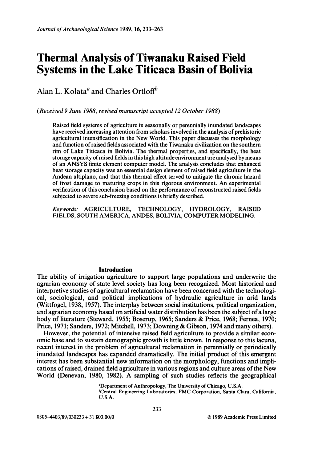 Thermal Analysis of Tiwanaku Raised Field Systems in the Lake Titicaca Basin of Bolivia