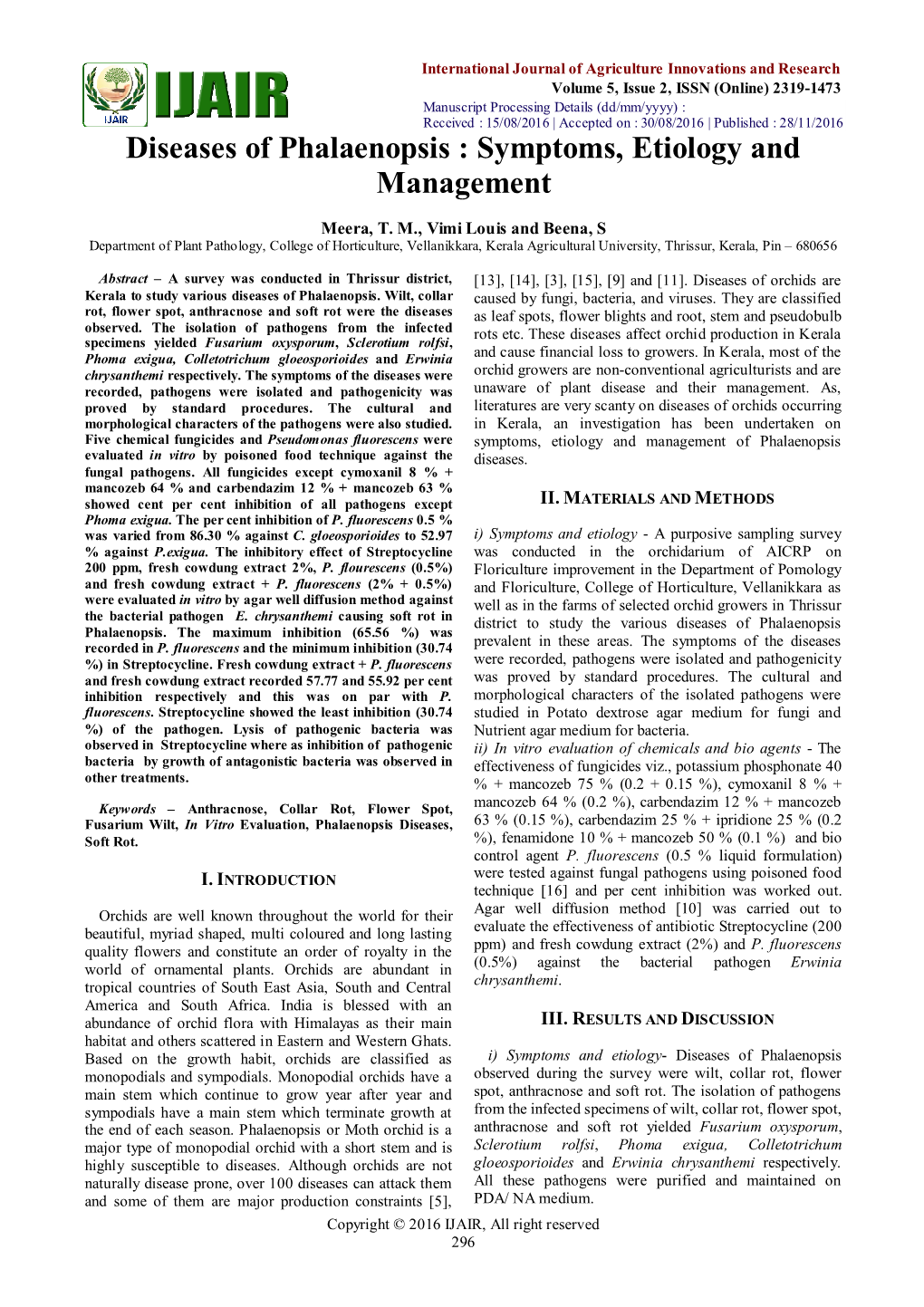 Diseases of Phalaenopsis : Symptoms, Etiology and Management