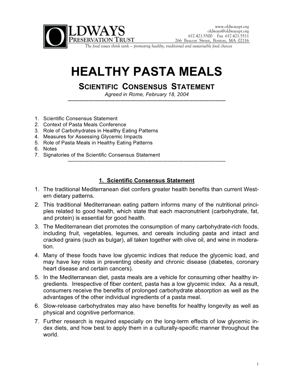 Healthy Pasta Meals Scientiﬁc Consensus Statement
