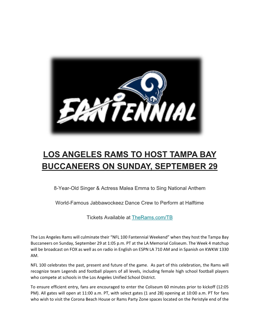 Los Angeles Rams to Host Tampa Bay Buccaneers on Sunday, September 29