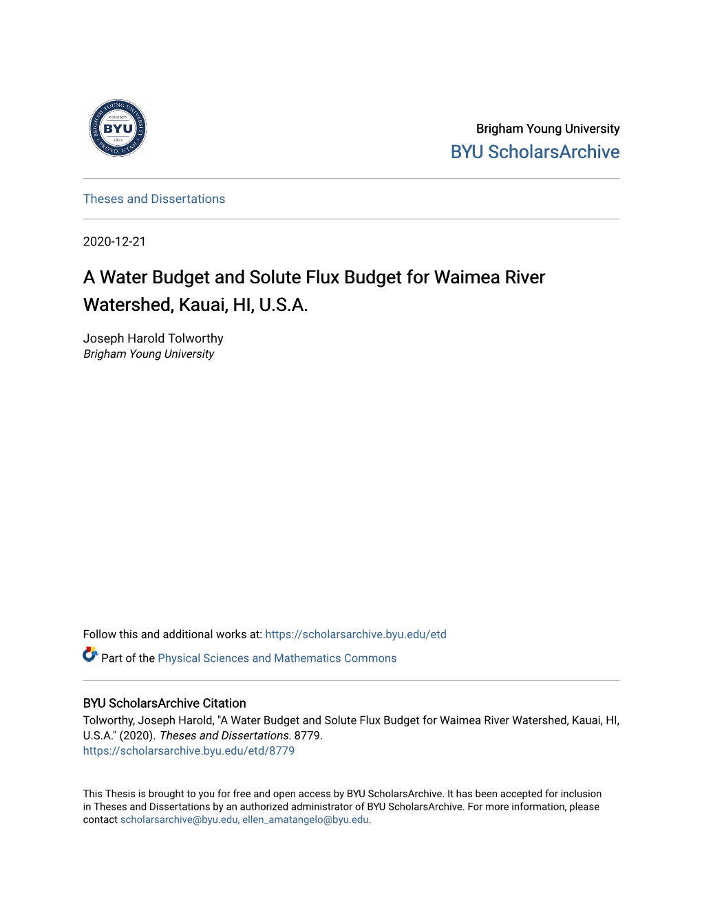 A Water Budget and Solute Flux Budget for Waimea River Watershed, Kauai, HI, U.S.A