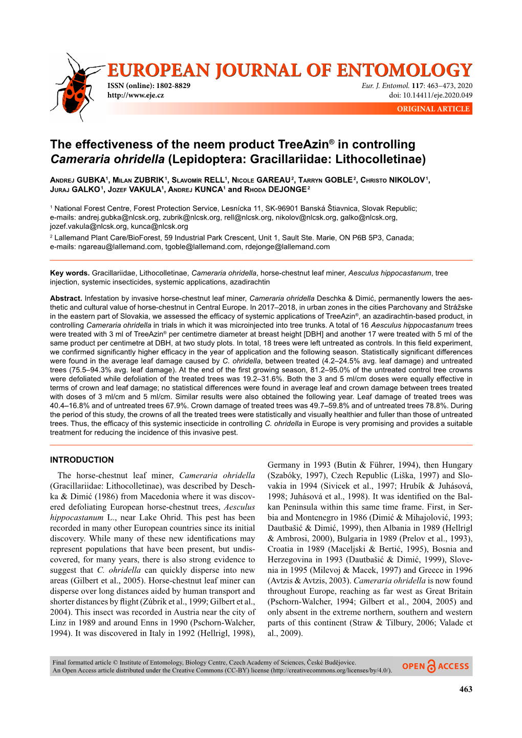 The Effectiveness of the Neem Product Treeazin® in Controlling Cameraria Ohridella (Lepidoptera: Gracillariidae: Lithocolletinae)