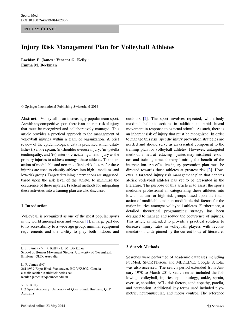 Injury Risk Management Plan for Volleyball Athletes