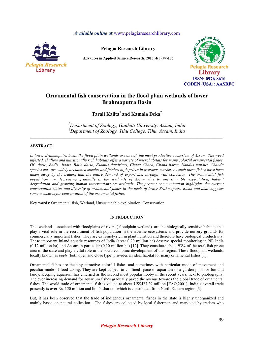 Ornamental Fish Conservation in the Flood Plain Wetlands of Lower Brahmaputra Basin