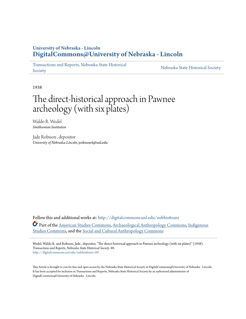 The Direct-Historical Approach in Pawnee Archeology (With Six Plates) Waldo R