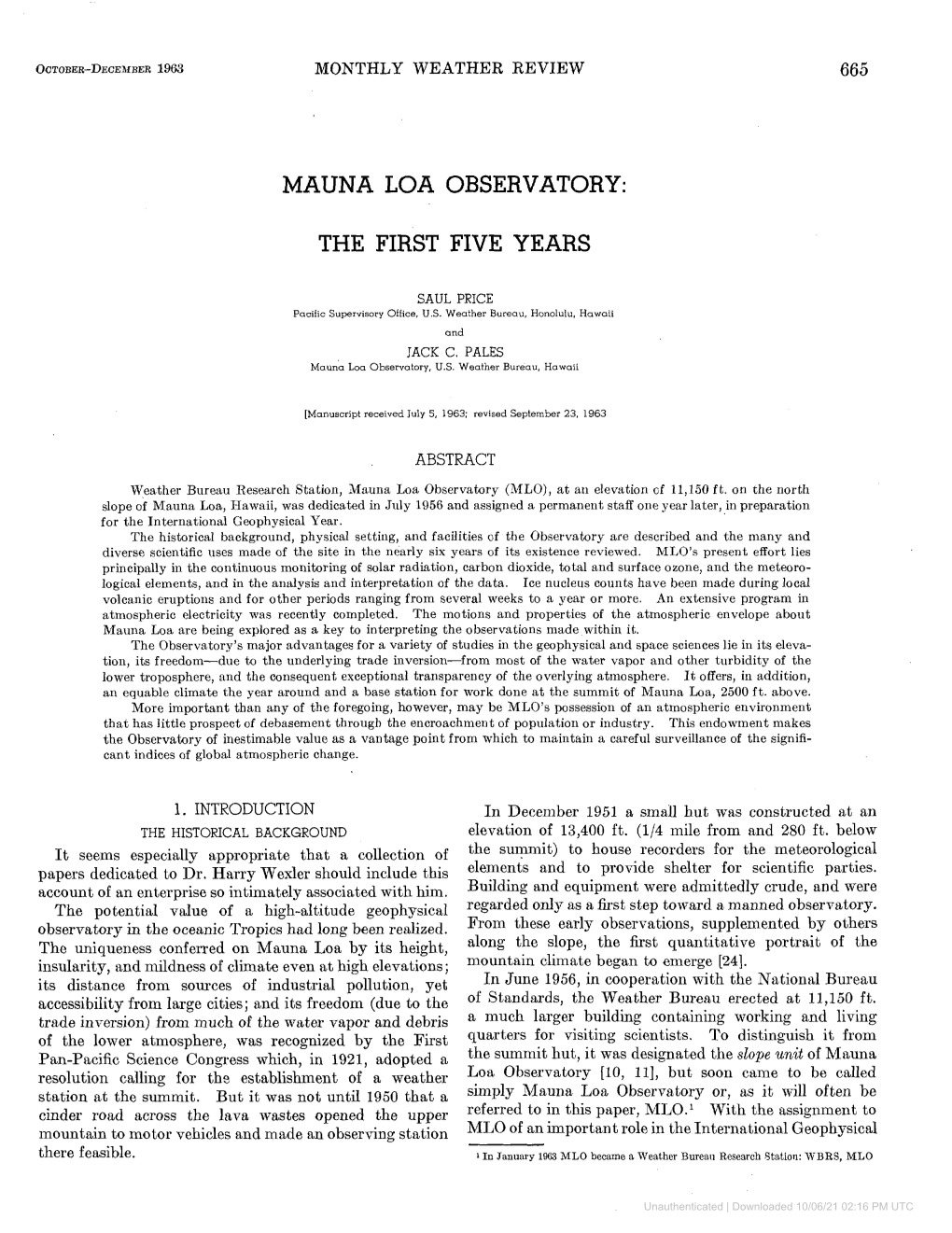 Mauna Loa Observatory: the First Five Years