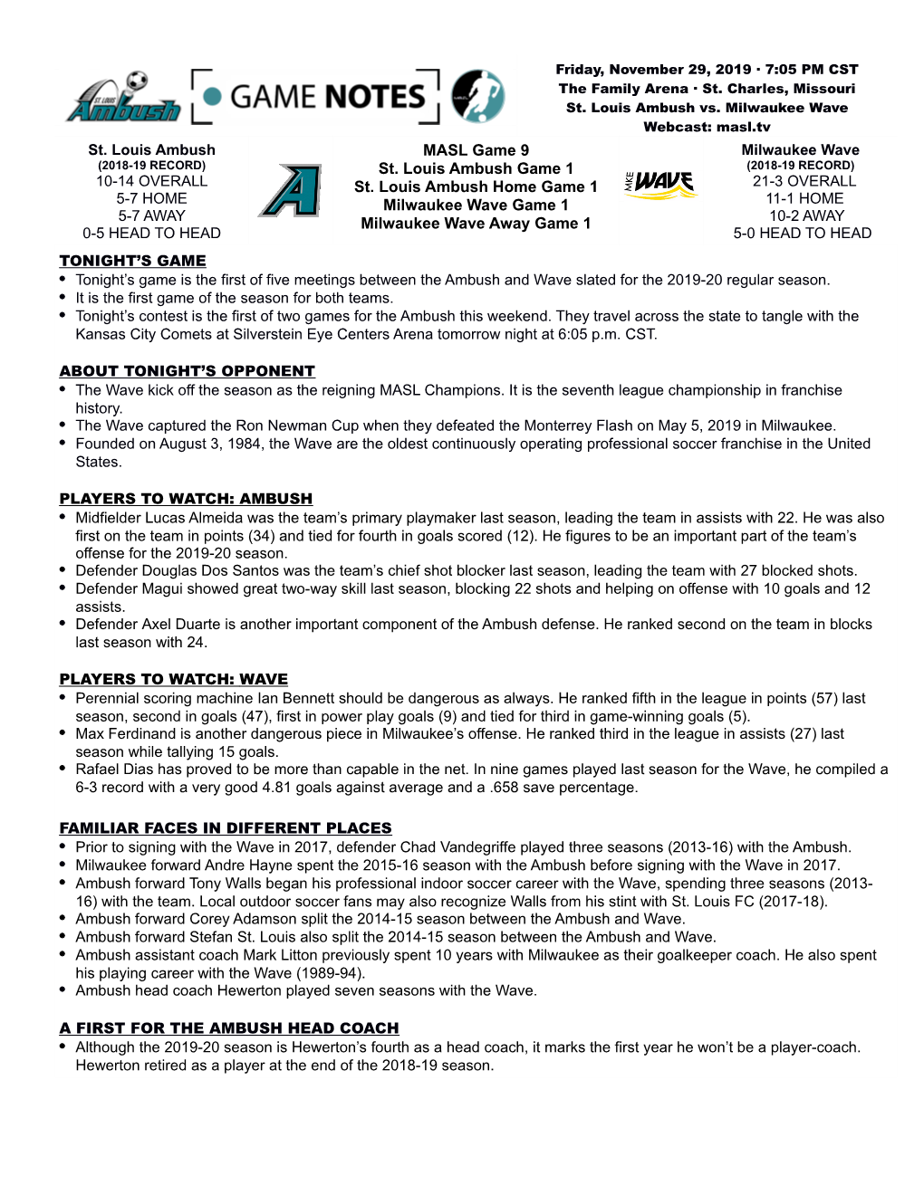 St. Louis Ambush 10-14 OVERALL 5-7 HOME 5-7 AWAY 0-5 HEAD to HEAD MASL Game 9 St. Louis Ambush Game 1 St. Louis Ambush Home Game